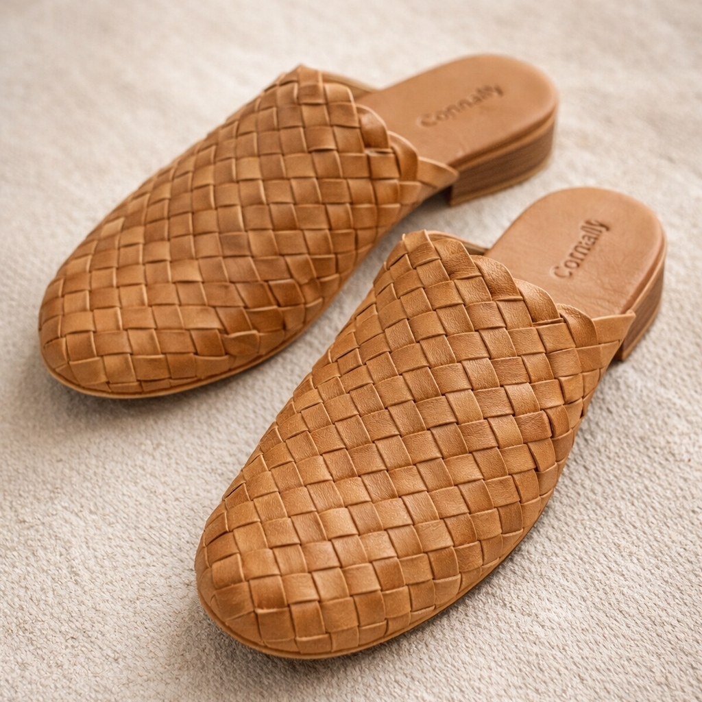 Woven Leather Slide Flats - Tan